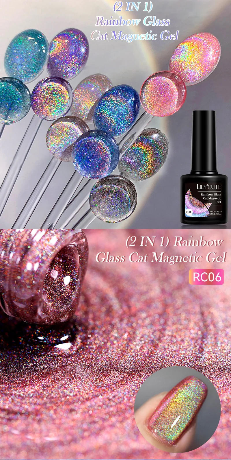 Description Picture 5 of itemLILYCUTE 7ml Double Light Rainbow Glass Cat Magnetic Gel Sparkling Color Gel Nail Polish Varnis Semi Permanent Manicure Nail