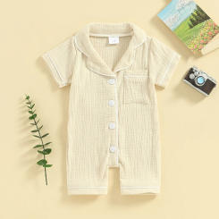 Baby Boys Girls Pajama Solid Color Short Sleeve Lapel Collar Button Up Sleepwear Newborn Rompers for 0-24 Months