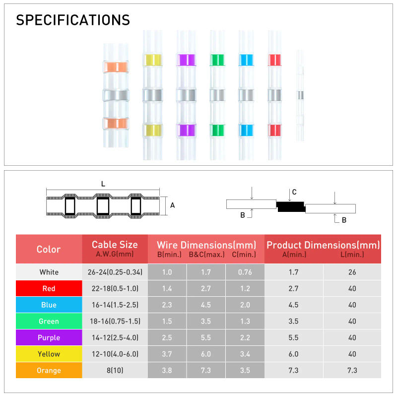 Description Picture 3 of item100/165/175pcs Waterproof Solder Seal Heat Connector Shrink Butt Connectors Lug Terminals Electrical Wire Car Insulated Terminal