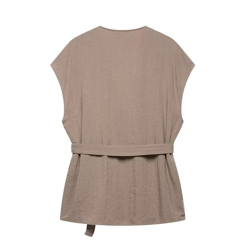 Description Picture 6 of itemWomen2 Pieces Casual Kimono Wrap-Style V Neck Waistcoat Pyjama Style Trousers Two Piece Set Female OutfitHigh Waist Pants Set