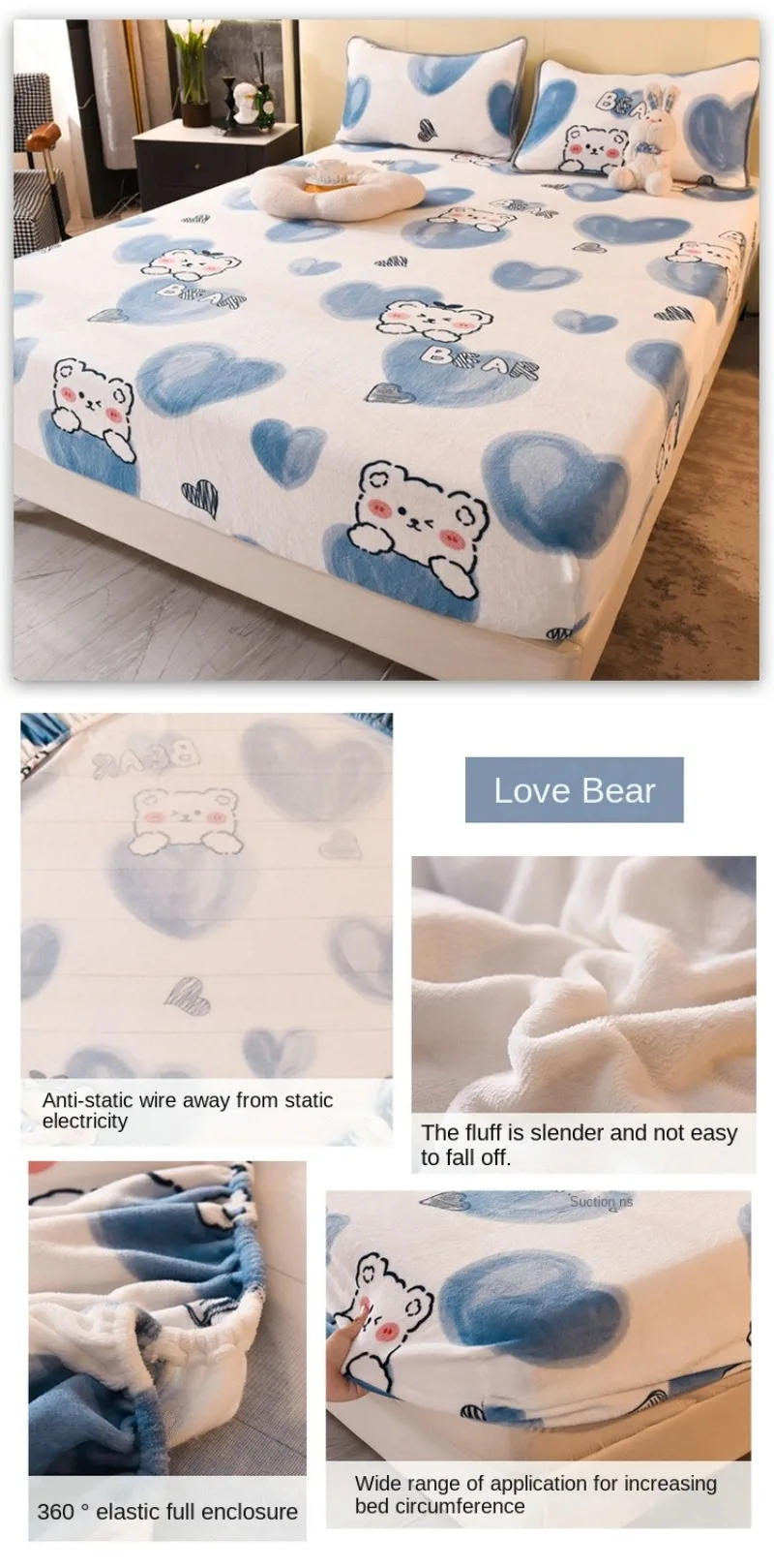 Description Picture 2 of itemQueen Double Size Bed Sheet Polyester Elastic Fitted Sheet Velvet Soft Flannel Warm Mattress Cover King Full Twin Size Winter