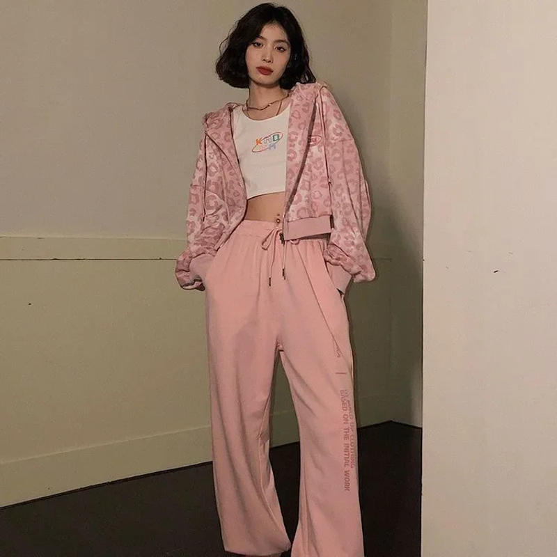 Description Picture 5 of item2023 Pink Leopard Slip-On Cropped Cardigan Jacket Women's Spring Autumn New Loose-Fit Hong Kong Style Vintage Hooded Sweatshirt