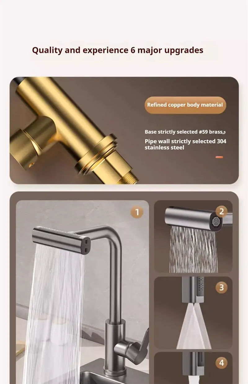 Description Picture 6 of item4 in 1 304 Stainless Steel Pull-out Kitchen Faucet Waterfall Hot And Cold Mixed Water Sink Tap Multi-function Rinse Rotate 360°