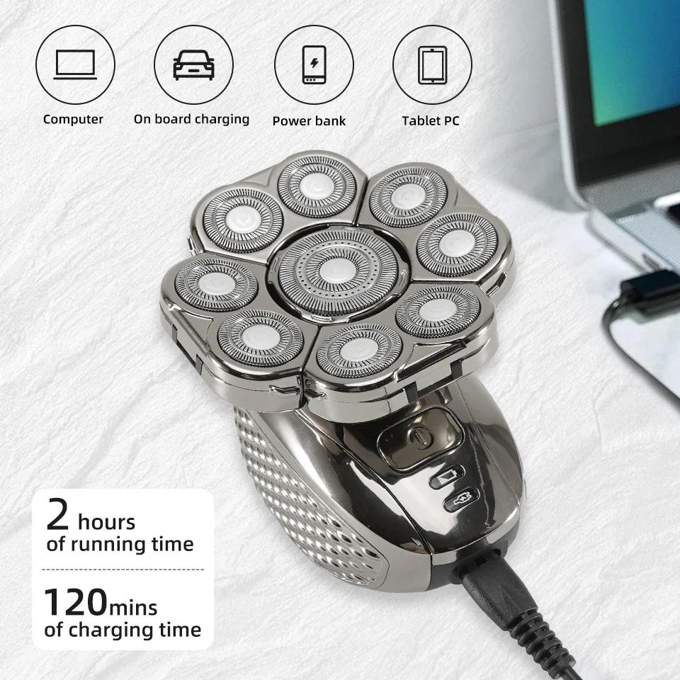 Description Picture 5 of itemMen's Bald Head Electric Shaver 9 Blades Floating 6In1 Heads Beard Nose Ear Hair Trimmer Clipper Facial Brush Rechargeable Razor