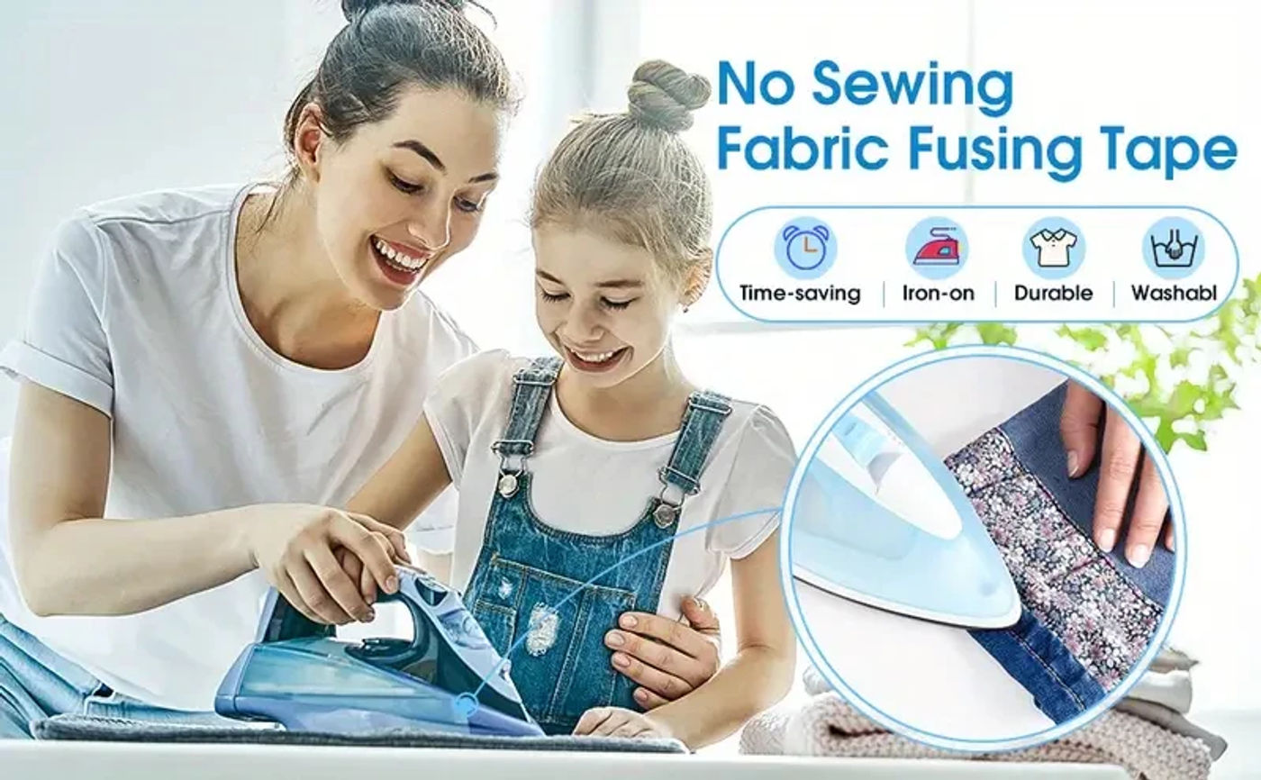 Description Picture 2 of item64M Roll Non-woven Double-side Interlining Adhesive Fabric Cloth Apparel Iron On Hem Tape Edge Shorten Pants DIY Sewing Tool