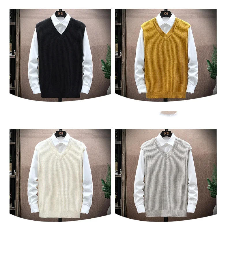 Description Picture 3 of item2023 Autumn Men's Sweater Casual Loose Fashion Versatile Pullover Fashion V-neck Tank Top Thick Woolen Men's Knit Vest