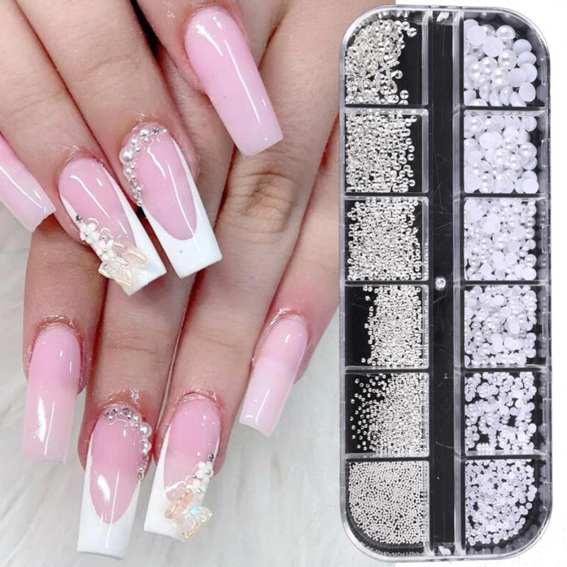 Description Picture 4 of item1Box 3D Pearls White Nail Flatback Beads Rhinestone Mix Sizes Nail Tips Beauty Nail Art Decoration For DIY Manicure Nail Charms