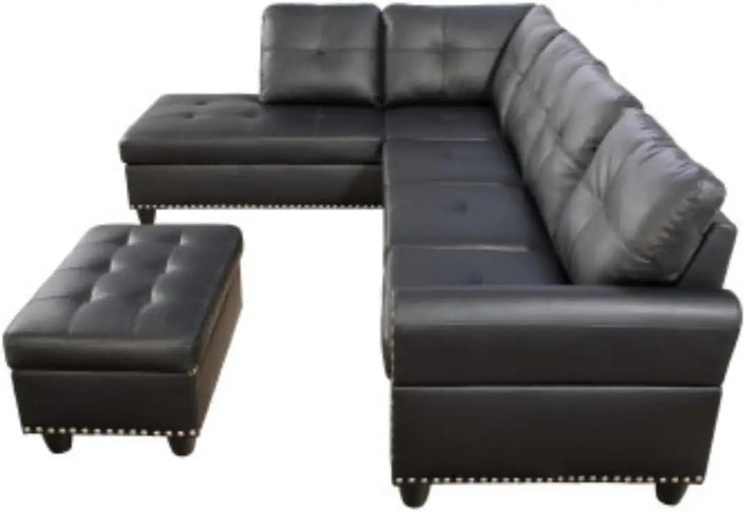 Description Picture 3 of itemFaux Leather Sectional Sofa Set with Ottoman，Comes with 2 Toss Pillows and Ottoman Has The Storage Function, Living Room Sofas