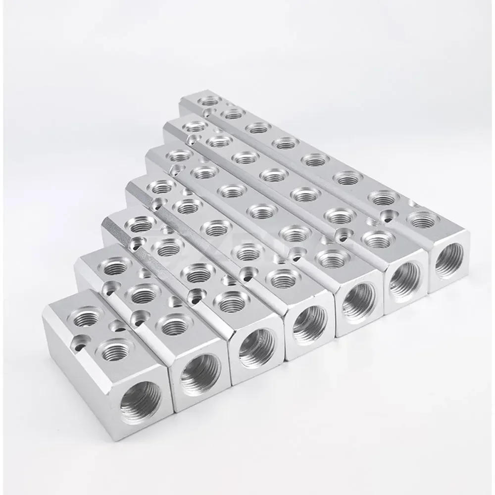 Description Picture 5 of item30x30mm 40x40mm WxH 1/2" inlet to 1/4" Outgassing Female 2 3 4 -7 8 10 Ways Solid Aluminum Pneumatic Air Manifold Block Splitter
