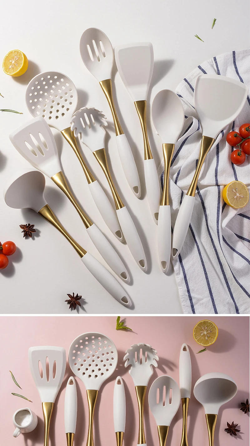 Description Picture 2 of item8Pcs White Gold Silicone Kitchenware Cooking Utensils Kitchen Accessories Spatula Turner Heat-resistant Pasta Colander Shovel