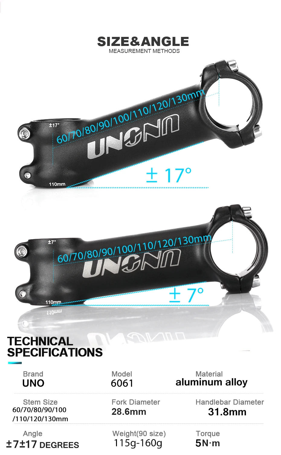 Description Picture 6 of itemUNO Ultra Light Bike Stem 7 17 Degree MTB Road Bike Adjustable Handlebar 60/70/80/90/100/110/120/130mm MTB Bike Power Parts