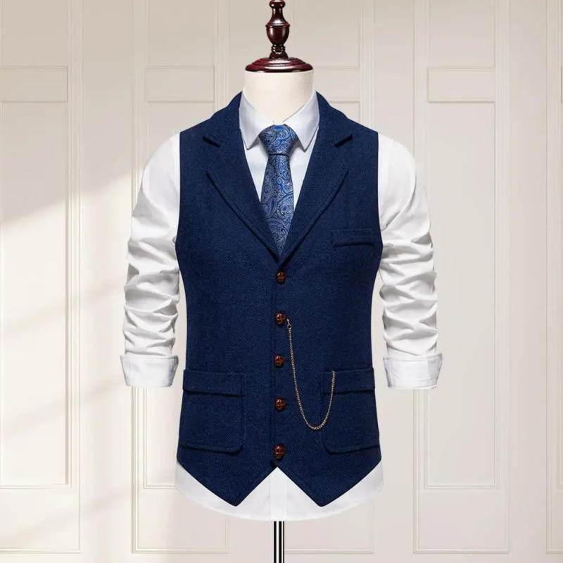 Description Picture 5 of itemMen's Retro Lapel Chain Vest Single Breasted Business Suit Vest Slanted Hem 3D Pockets Decoration Waistcoat Men Suit Waistcoat