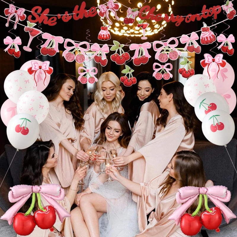 Description Picture 5 of itemBow Cherry Party Decor She's the Cherry On Top Banner Cherry Bow Balloon Set Girl Birthday Wedding Engagement Party Supplies