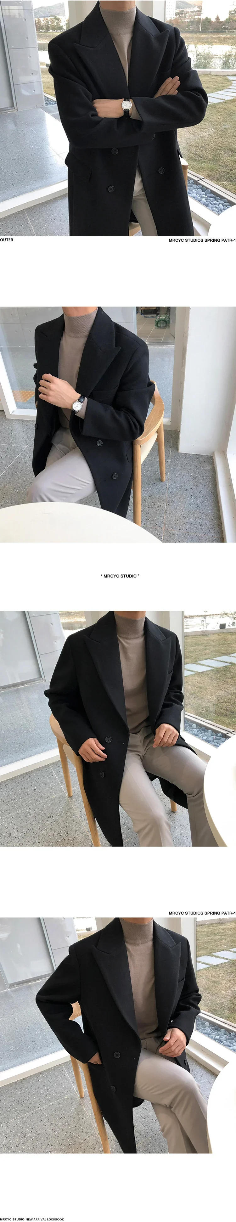 Description Picture 6 of itemMen's Autumn Winter Mid Length Woolen Coat New Korean Tide Black Thickned Overcoat Long Sleeve Double-breasted Jackets