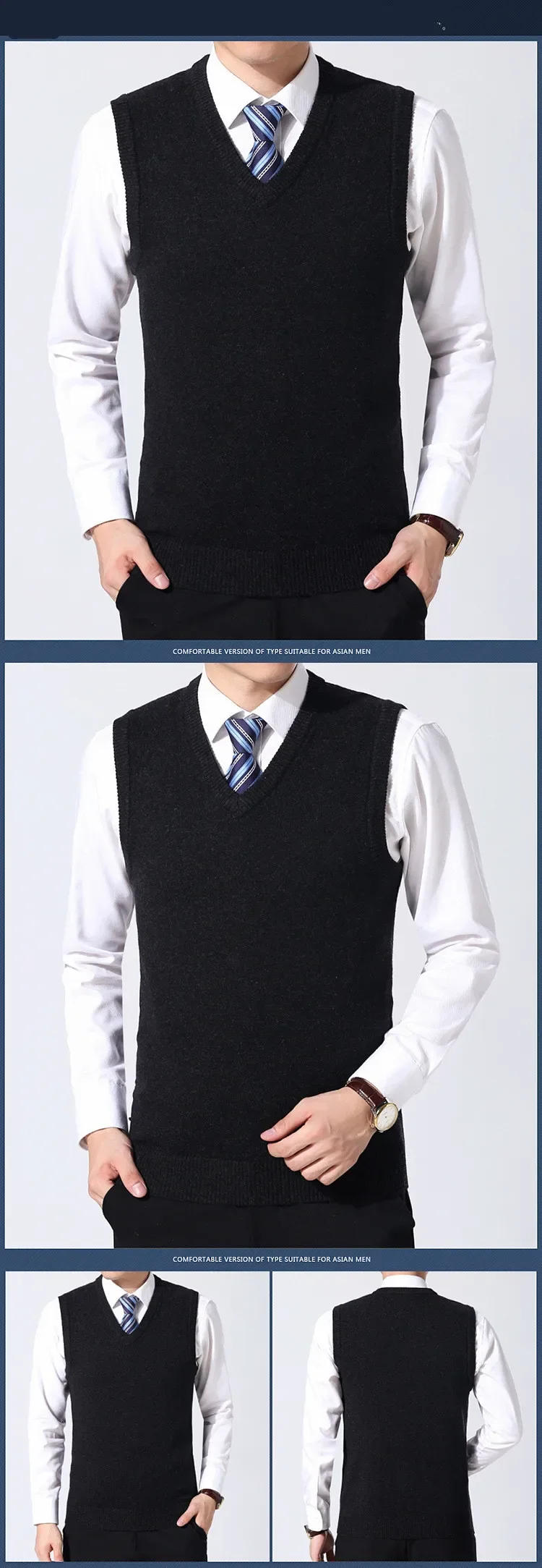 Description Picture 3 of itemAutumn New Men's Sweaters Vest Korean Fashion Pure Color Wool Men Sweater Warm Pullover for Male Vest V Collar Man Clothing