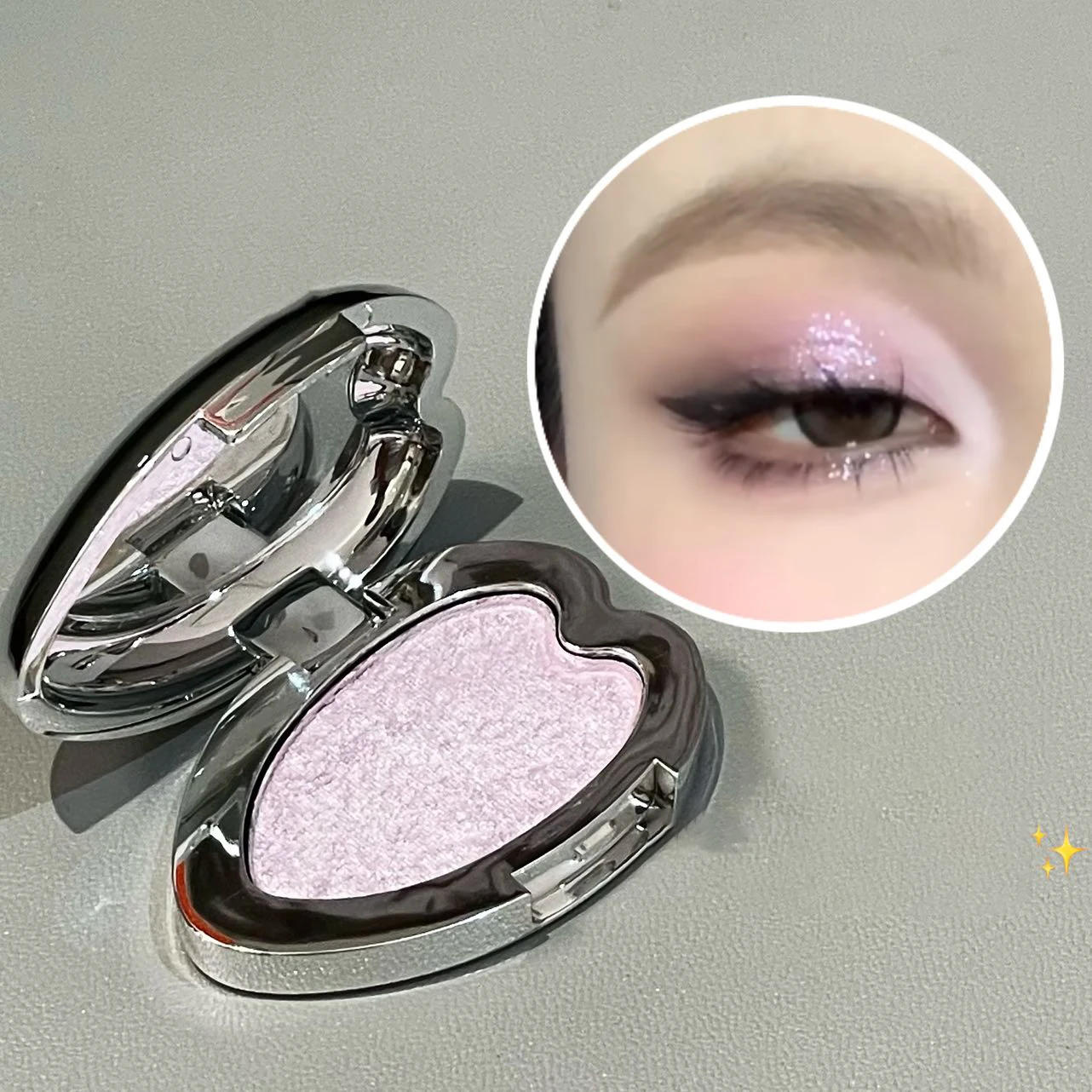Description Picture 4 of itemPearlescent Purple Eyeshadow Palette Sparkling Mousse Shimmer White Highlighter Brighten Glitter Heart-shaped Eye Shadow Makeup
