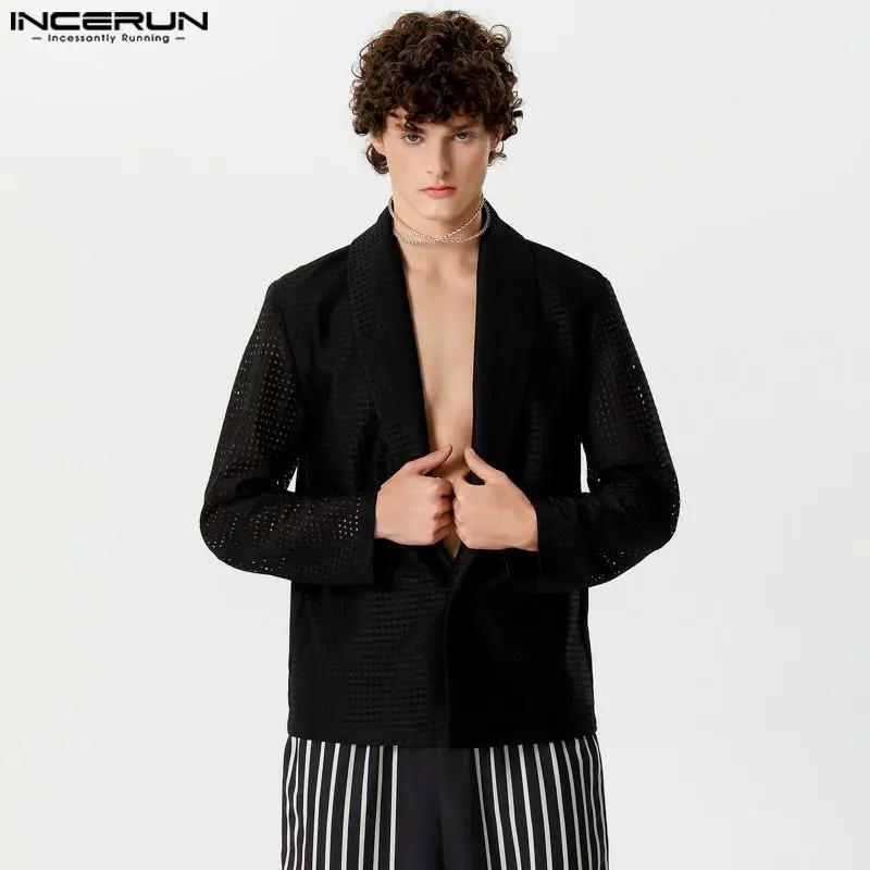 Description Picture 4 of itemHandsome Well Fitting Tops INCERUN Men's Hollow Mesh Solid Blazer Casual Party Shows Hot Sale Long Sleeved Suit Coats S-5XL 2023