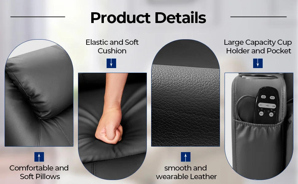 Description Picture 3 of itemElectric Power Lift Recliner Chair for Elderly Reclining Sofa for Living Room with Massage, Side Pockets and Cup Holders (Leathe