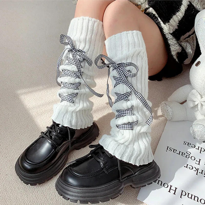 Description Picture 4 of itemWomen Cute Cross Bowknot Lace-up Leg Warmers Y2k Lolita Ballet Style Subculture Knitted Fabric Slimming Warm Slouchy Sock Covers