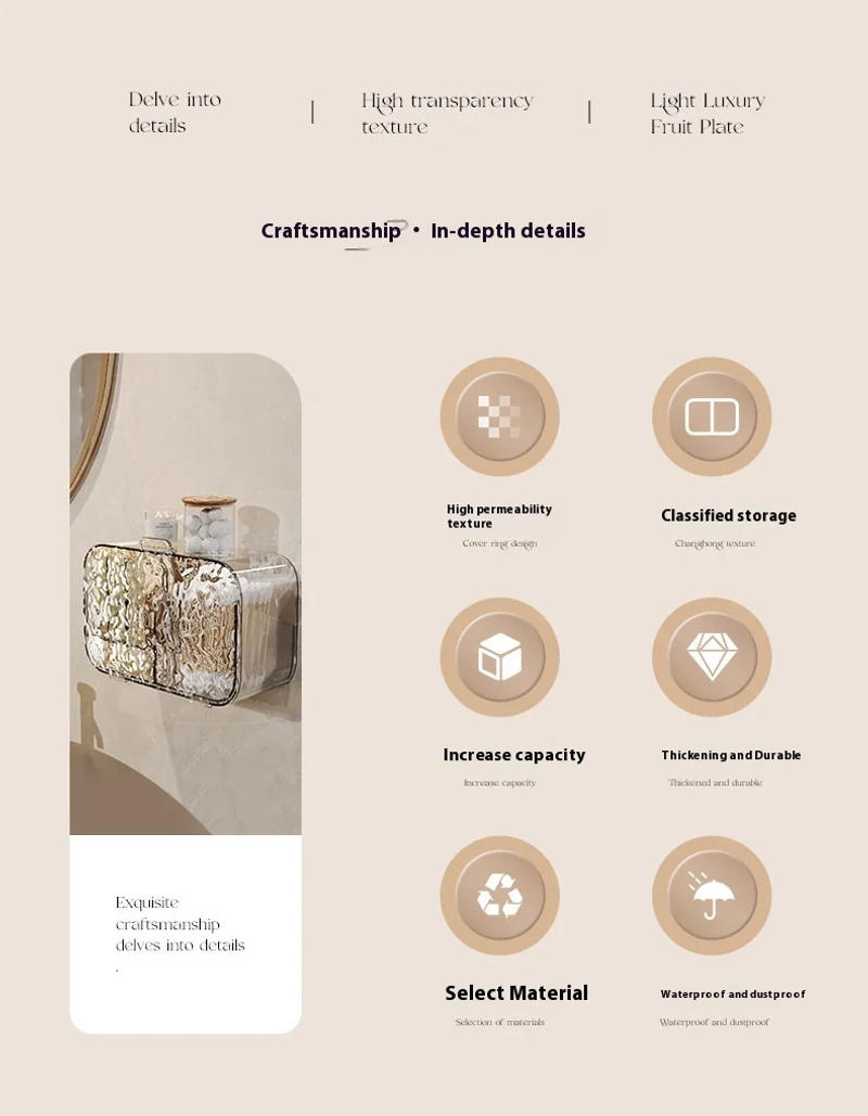 Description Picture 4 of itemTissue Box Bathroom Waterproof Storage Box Bathroom No Punching Wall Hang Storage Rack for Cosmetic Cotton Cotton Swab Lipstick