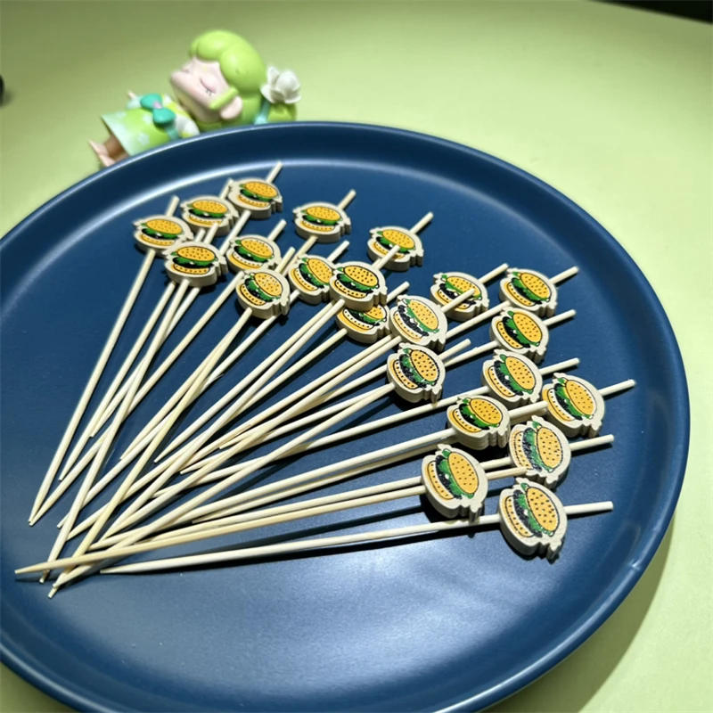 Description Picture 6 of item100pcs/set Hamburger Garnish Bamboo Sticks Disposable Fruit Fork Themed Party Food Sandwich Decorations Snack Skewers Supplies