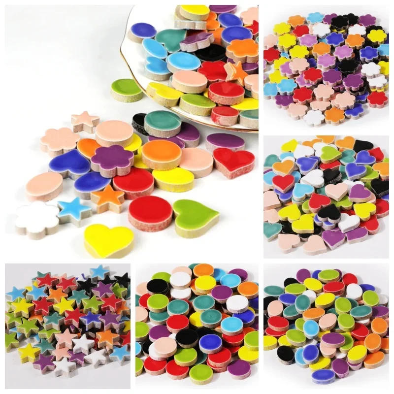 Description Picture 2 of item100g/3.5oz Multi Shape Ceramic Mosaic Tiles Colorful Polygon Porcelain Tile Star/Heart/Round/Oval/Flower DIY Making Stones