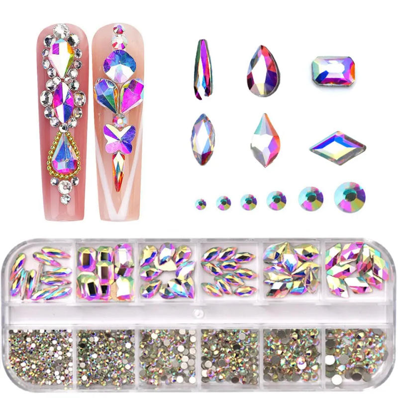Description Picture 3 of item12 Grids Crystal AB Nail Charms Rhinestones Flatback Mix Shapes 3D Glitter Nail Art Decorations Diamond for Manicure