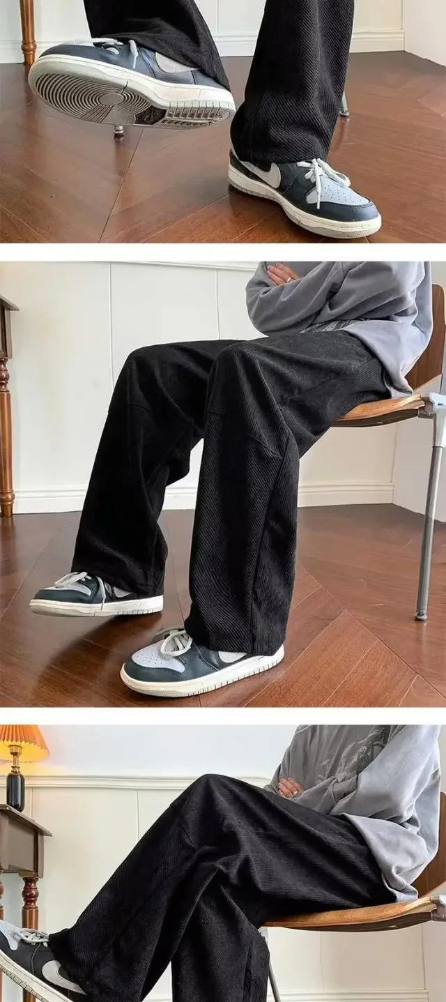 Description Picture 4 of itemCorduroy Men's Casual Pants Drawstring Solid Straight Trousers High Street Loose Fashion Korean Style Wide Leg Sweatpants