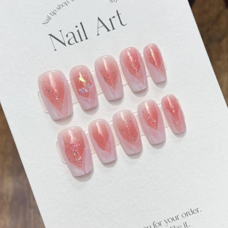 Description Picture 4 of itemHandmade Pink Nails Set Press on Cute Korean Medium-length Artifical Nails Full Cover Nail Tips with Design Adhesive False Nails