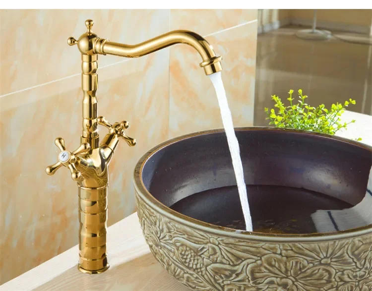 Description Picture 5 of itemGold Finished Bathroom Basin Faucet Double Handle Hot and Cold Mixer Water Tap Deck Mounted Sink Faucet Kitchen High Spout