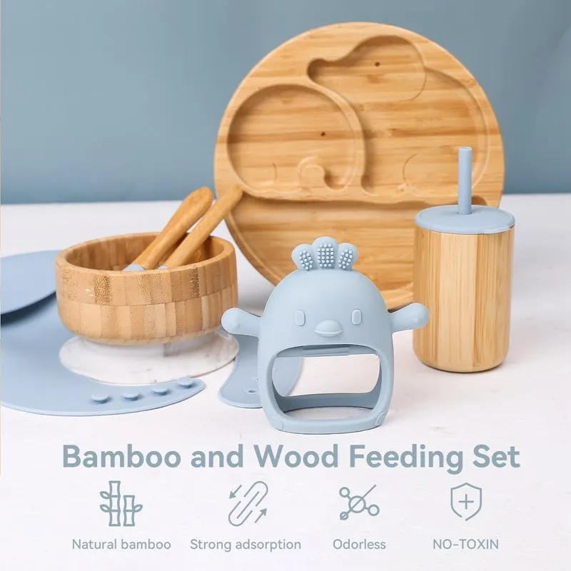Description Picture 6 of itemBaby Tableware Set Feeding Bowl Dinner Plate Cup Bibs Spoon Fork Bamboo Wooden Children's Feeding Dishes Sets BPA Free Non-Slip