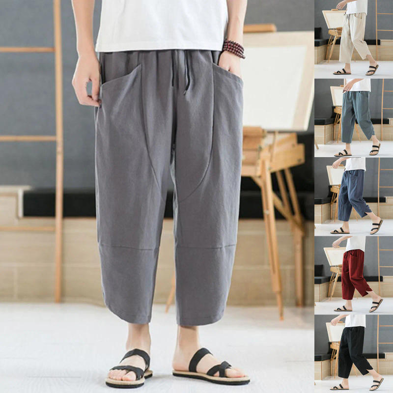 Description Picture 2 of itemMen'S Casual Solid Color 2024 Trousers Large Pocket Cotton Linen Straight Summer Pants Drawstring Baggy Fashion Pantalones