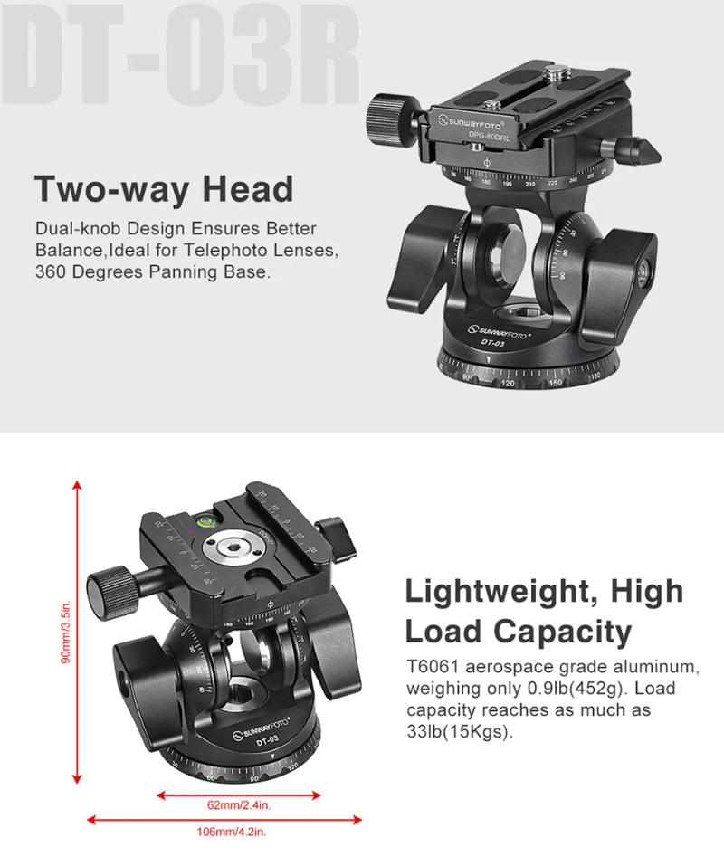Description Picture 2 of itemSUNWAYFOTO DT-03R Two-way Tilt Head for Monopod and Tripod with Panoramic Rotation 15lbs Load Capacity
