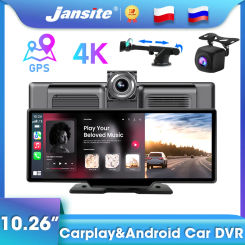 Jansite 10.26" Dash Cam 4K Car DVR Mirror Video Player Wireless Carplay Android Auto Recorder Rear View Registrar With Bracket