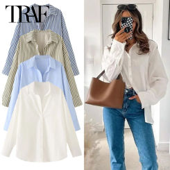 TRAF Woman 2025 Oversized Shirts & Blouses Spring Summer 2025 Woman Elegant Button Up Long Sleeve Blouses Fashion Plus Size Tops