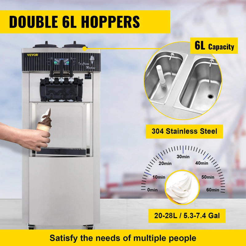 Description Picture 6 of itemVEVOR Commercial Soft Ice Cream Machine 2200W 20-28L/H Ice Cream Maker Double 6L Hoppers Ice Cream Making Machine YKF-8228H