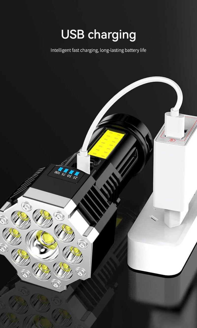 Description Picture 6 of item9 LED Super Bright Flashlight Rechargeable Outdoor Multi-function Waterproof Led Long-range Spotlight Battery Display COB Light