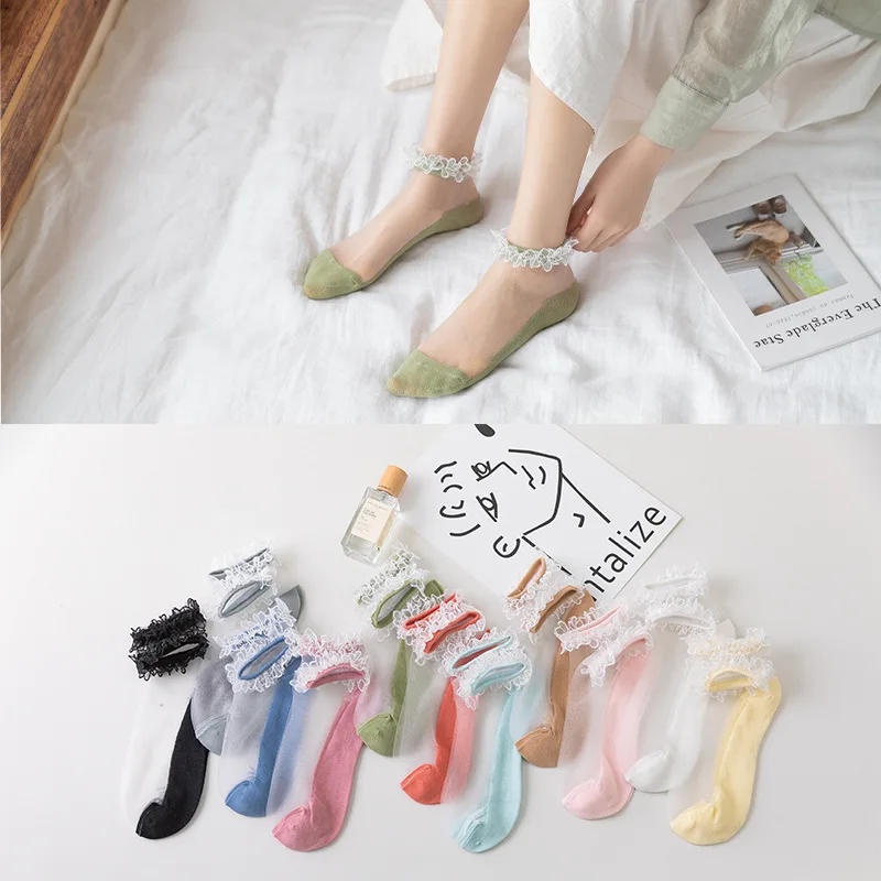 Description Picture 3 of item3 Pairs Women's Transparent Lace Short Socks Summer Cotton Thin Hollow Ankle Socks Slippers Female Soft Non-slip Invisible Socks