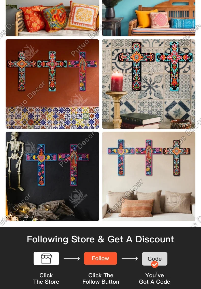 Description Picture 6 of itemPutuo Decor Mexican Style Crucifix Wood Wall Decor, Day of the Dead Decor Wooden Wall Mounted Cross for Home ,15.9 X 11.8 Inches