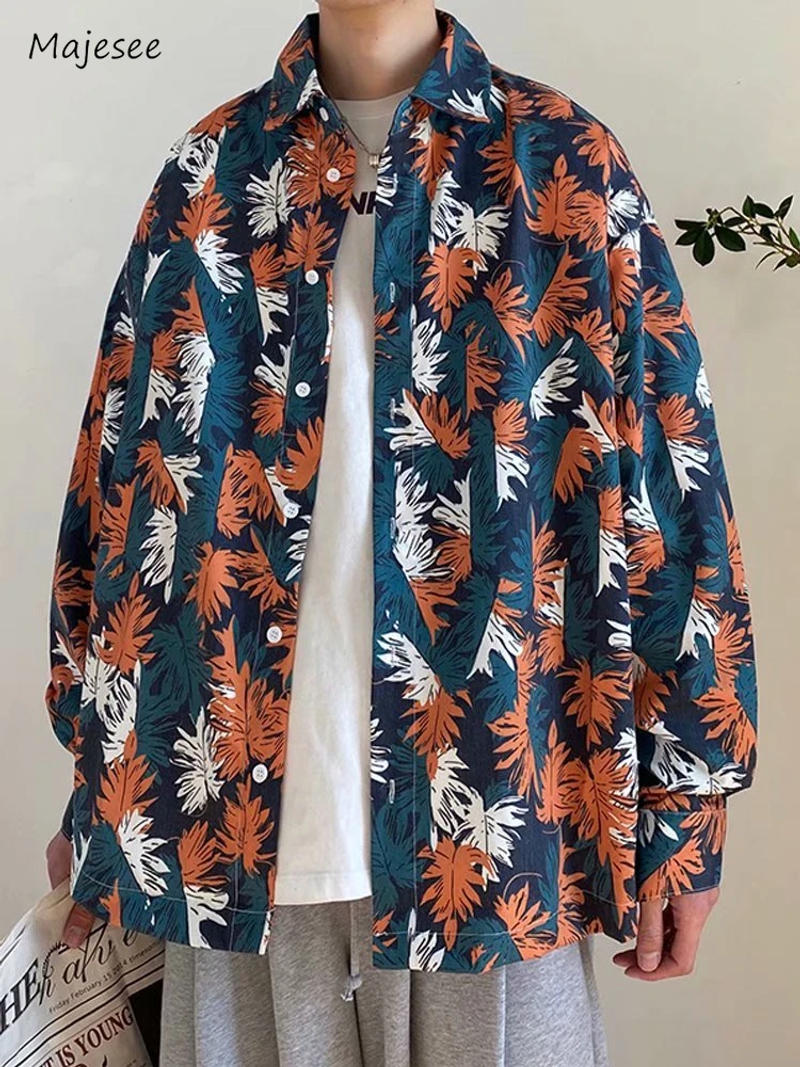 Description Picture 5 of itemShirts Men Fashion Single Breasted Chic Daily Floral Casual Loose Streetwear Korean Style Turn-down Collar Ins Students Cozy New