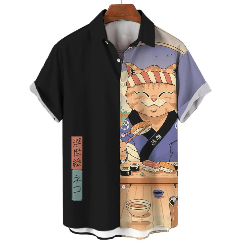 Description Picture 6 of itemFashion Men's Shirt Cool Samurai Cat Tops New Summer Men's Clothing Casual Short-Sleeved Buttons Loose Blouse Hawaiian Shirts