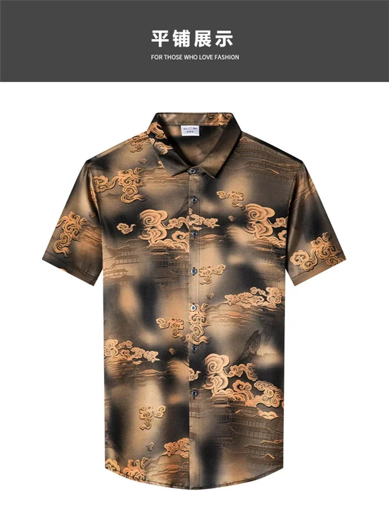 Description Picture 5 of itemLucky Cloud 3D Print Dress Men Shirt Vintage Casual Short Sleeve Summer Top Quality Silk Smooth Comfortable Luxury Chemise Homme