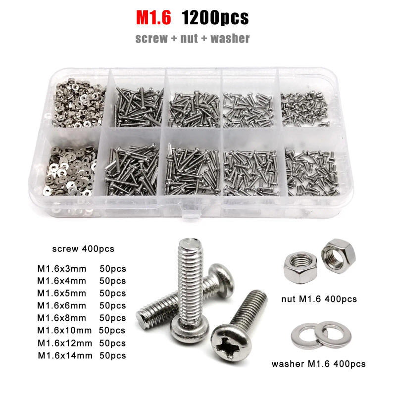 Description Picture 4 of item1 Box GB818 M1.6 M2 M2.5 M3 M4 M5 M6 M8 304 Stainless Steel Phillips Cross Round Pan Head Screw Bolt Nut Washer Assortment Kit