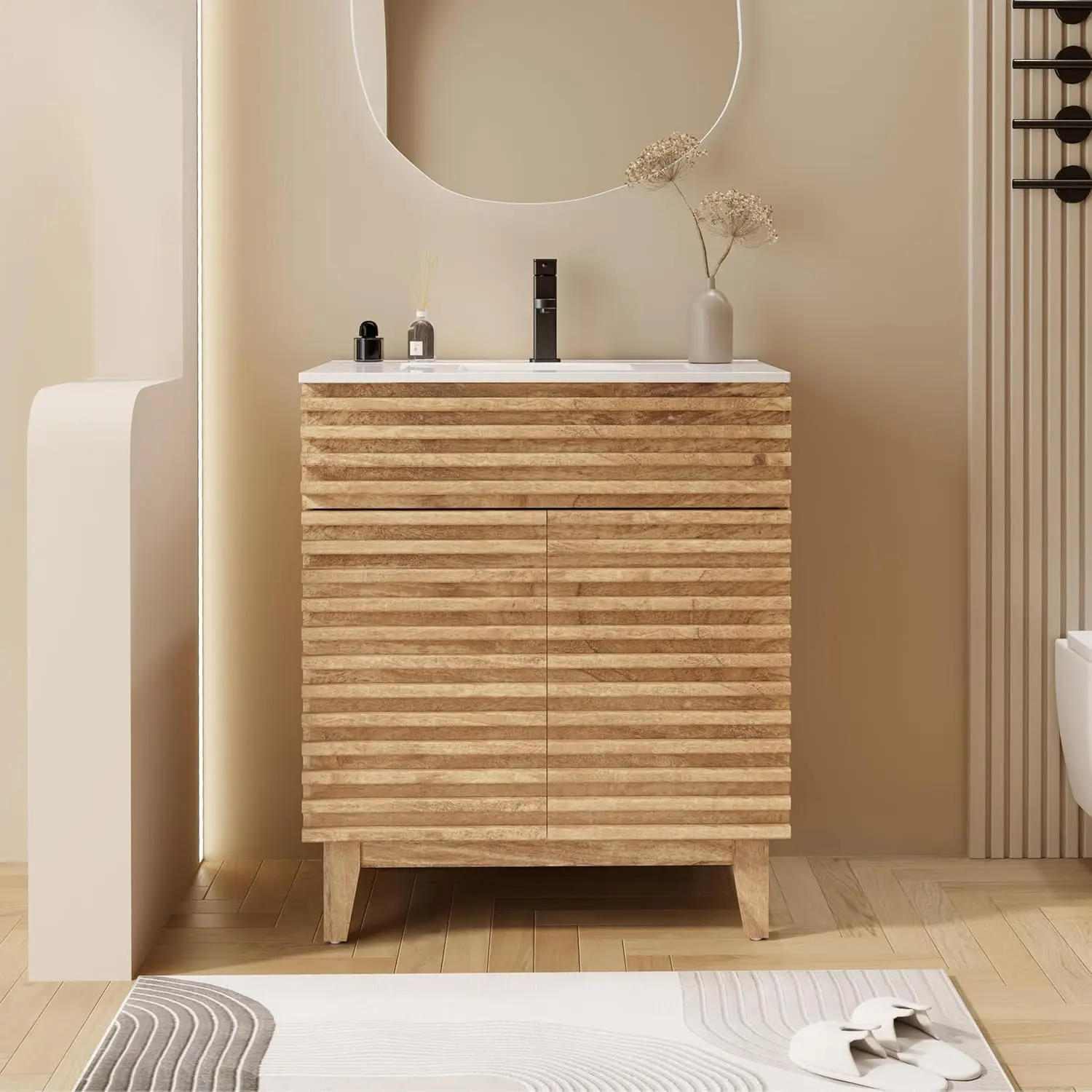 Description Picture 2 of itemBathroom Vanity with Sink Combo Mid-Century Floor Cabinet Set with Wood Stripes, Adjustable Shelf, Undermount Sink