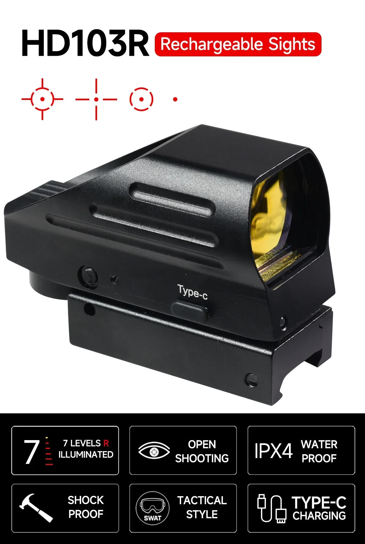 Description Picture 4 of itemHD103R Red Dot Sight WithType-C USB Rechargeable Sight 4 Reticle Optics Red Dot Scopes Airsoft Hunting Tactical Rifle Scope