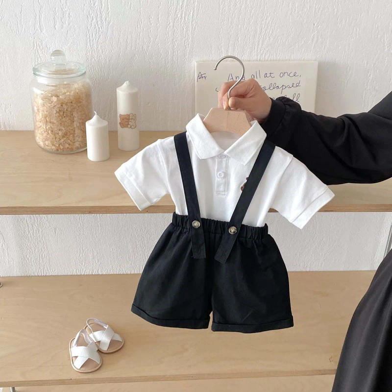 Description Picture 2 of itemBoys' Summer New Polo Collar Top Black Strap Pants Set Infant Cartoon Gentleman Outing Two Piece Set