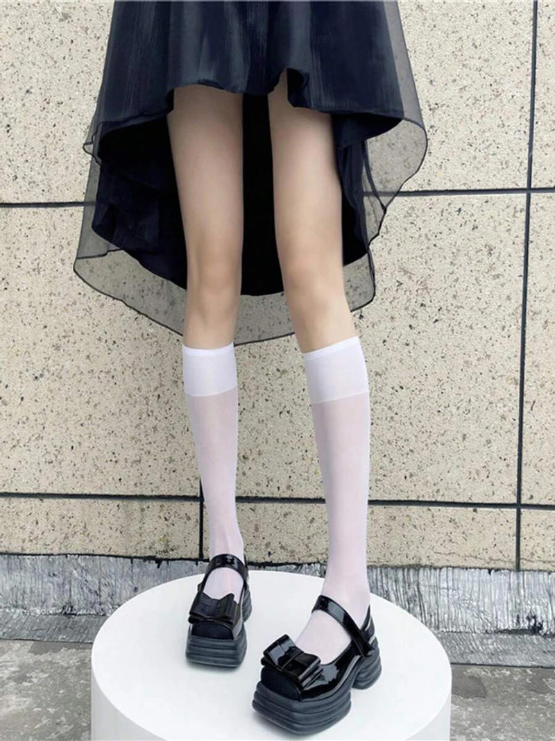 Description Picture 3 of item4 Pairs Black White Semi Transparent Nylon Socks Classic Versatile Suitable Daily Wear They Comfortable Breathable Casual Socks