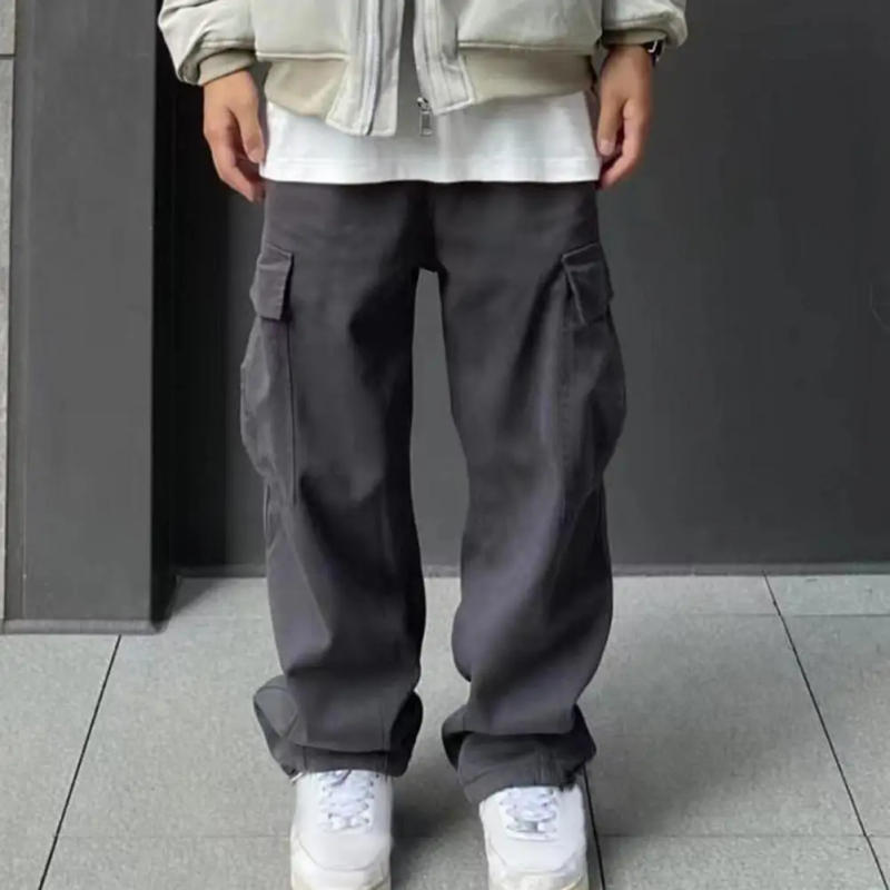 Description Picture 5 of itemMen Cargo Pants Loose Elastic Waist Wide Leg Work Trousers Solid Color Multi Pockets Straight Deep Crotch Long Pants