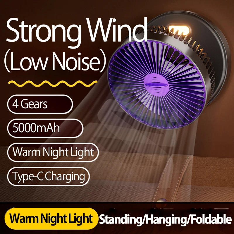 Description Picture 6 of item2024 New 5000mAh Rechargeable Table Fan Portable Air Conditioner Wall Mounted Fan 90° Folding Fan 4 Gears with Warm Night Light