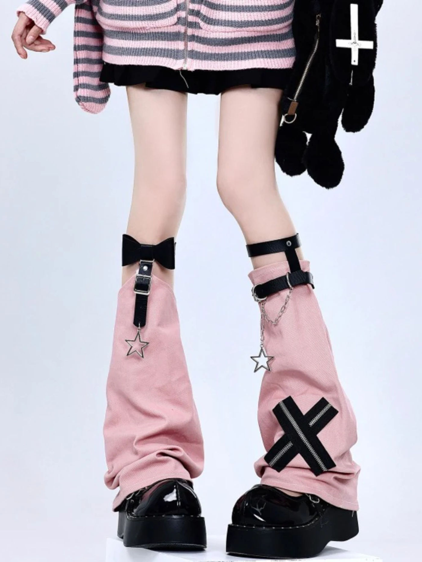 Description Picture 2 of item2024 Harajuku Y2k Black White Pink Grey Bow Leather Buckle Leg Warmers Socks Gothic Punk Cross Star Chain Solid Chic Leg Cover